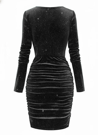1960er Solide Samt Langarm Wasserfallausschnitt Kleid