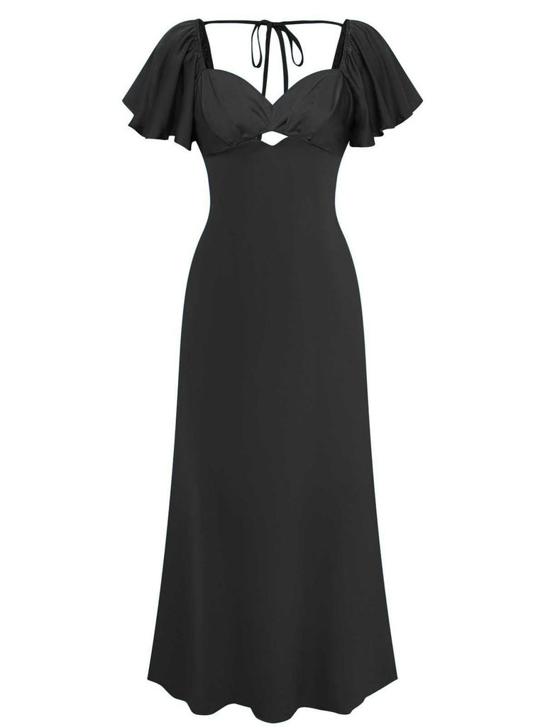 1930er Herz Neck Rüschen Sleeve Satin Kleid