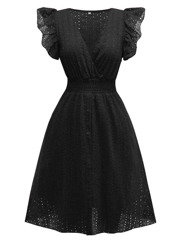 1940er Solide Baumwolle Ausgeschnitten Gesmokt Rüschen Kleid