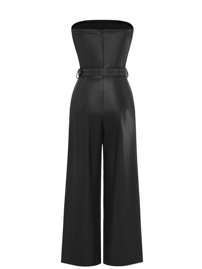 1940er PU Leder Gürtel Trägerlos Jumpsuit