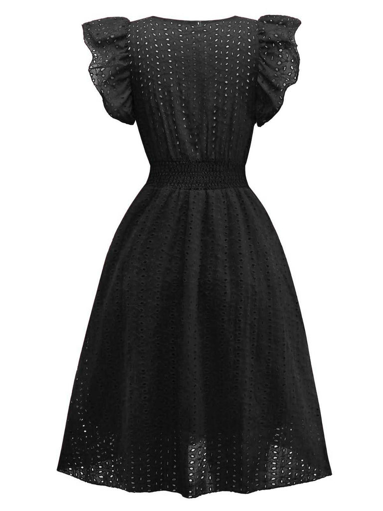 1940er Solide Baumwolle Ausgeschnitten Gesmokt Rüschen Kleid