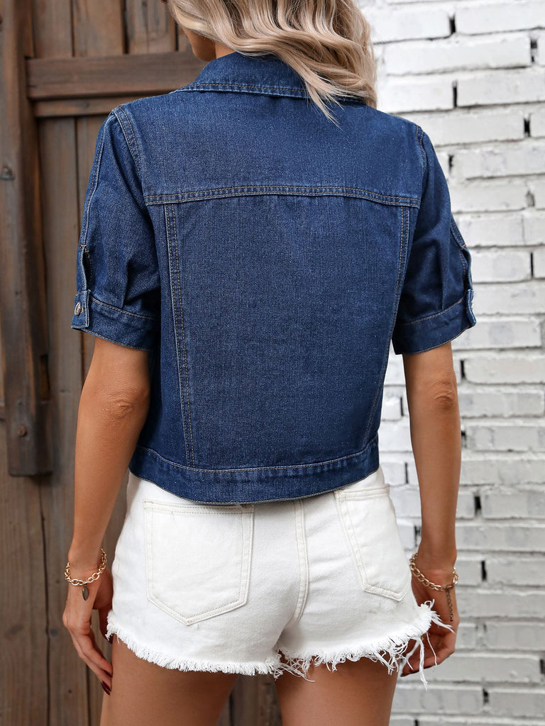 Blau 1970er Vintage Kurze Jeansjacke
