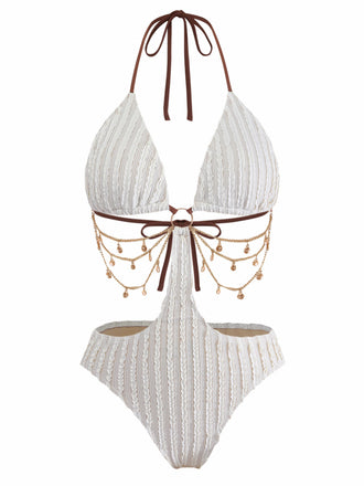 Beige 1930er Uni Metall Kette Cutout Einteilig Badeanzug