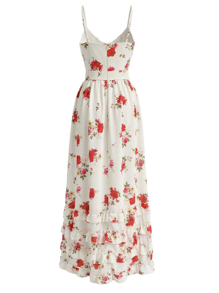 Beige 30er Maxikleid mit Rüschen und Blumen