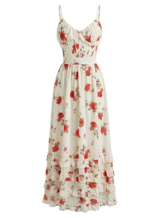 Beige 30er Maxikleid mit Rüschen und Blumen