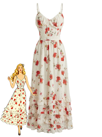 Beige 30er Maxikleid mit Rüschen und Blumen