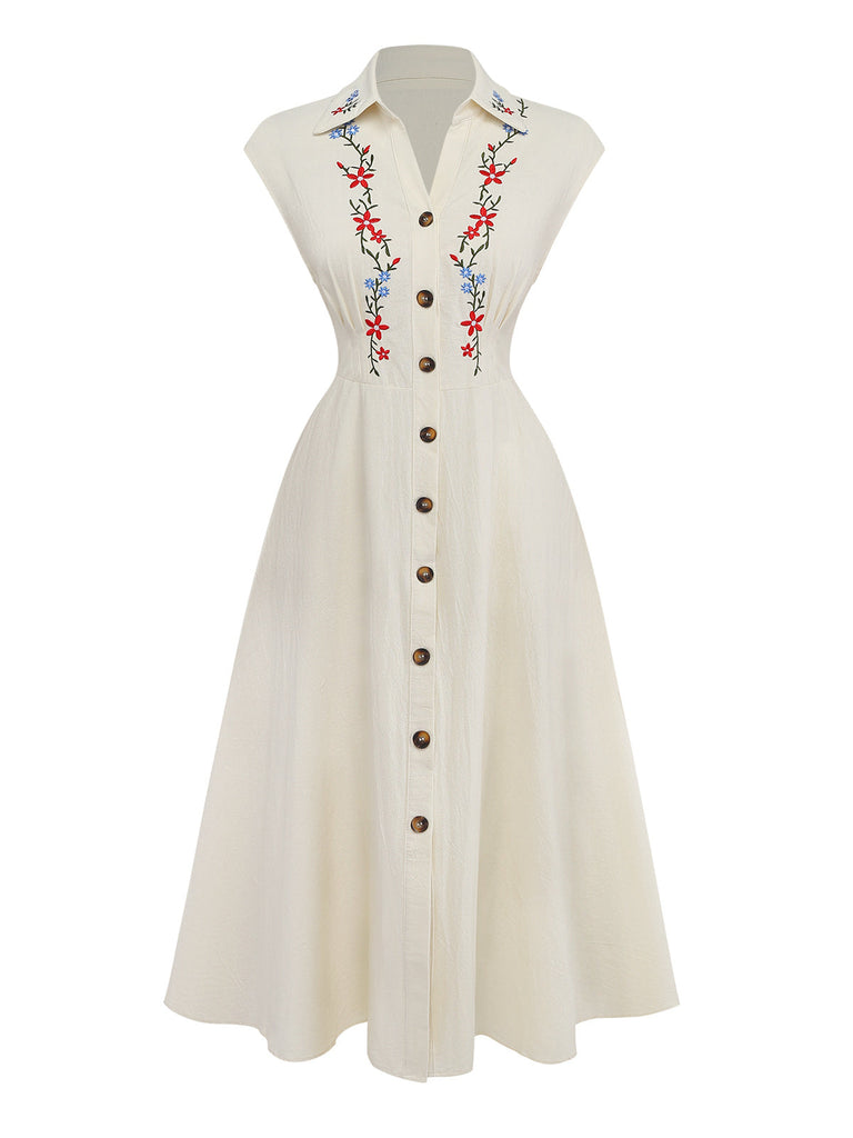 Beige 40er Kleid mit Kappärmel und Blumen
