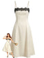 Beige 40er Kleid mit Spitzeneinsatz und Spaghettiträgern