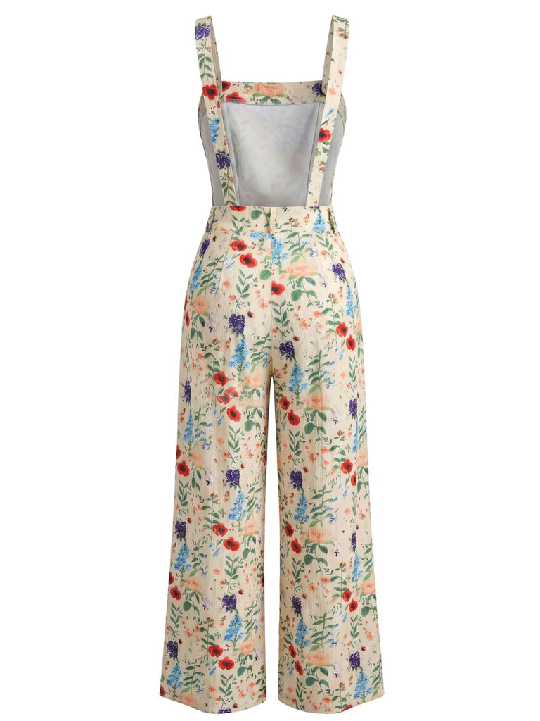 Beige 50er Jumpsuit mit Spaghettiträger und Eckiger Ausschnitt