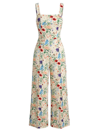 Beige 50er Jumpsuit mit Spaghettiträger und Eckiger Ausschnitt