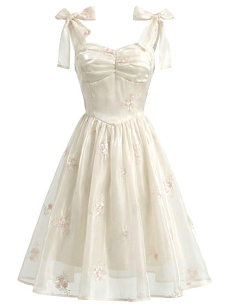 Beige 50er Korsett-Kleid mit Blumen und bestickt