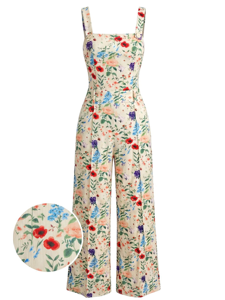 Beige 50er Jumpsuit mit Spaghettiträger und Eckiger Ausschnitt