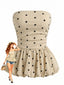 Beiges 50er trägerloses Top mit Polka-Dots und ausgestelltem Saum
