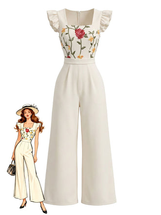 Beige 50er Jumpsuit mit Flatterärmel und Eckiger Ausschnitt