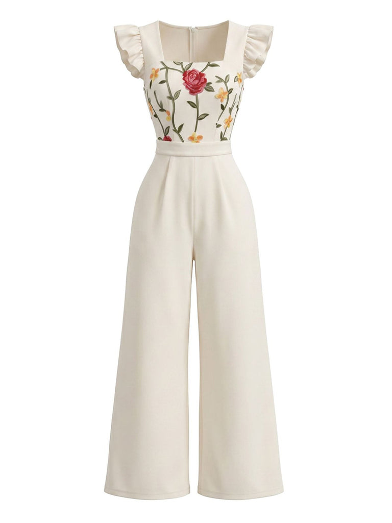 Beige 50er Jumpsuit mit Flatterärmel und Eckiger Ausschnitt