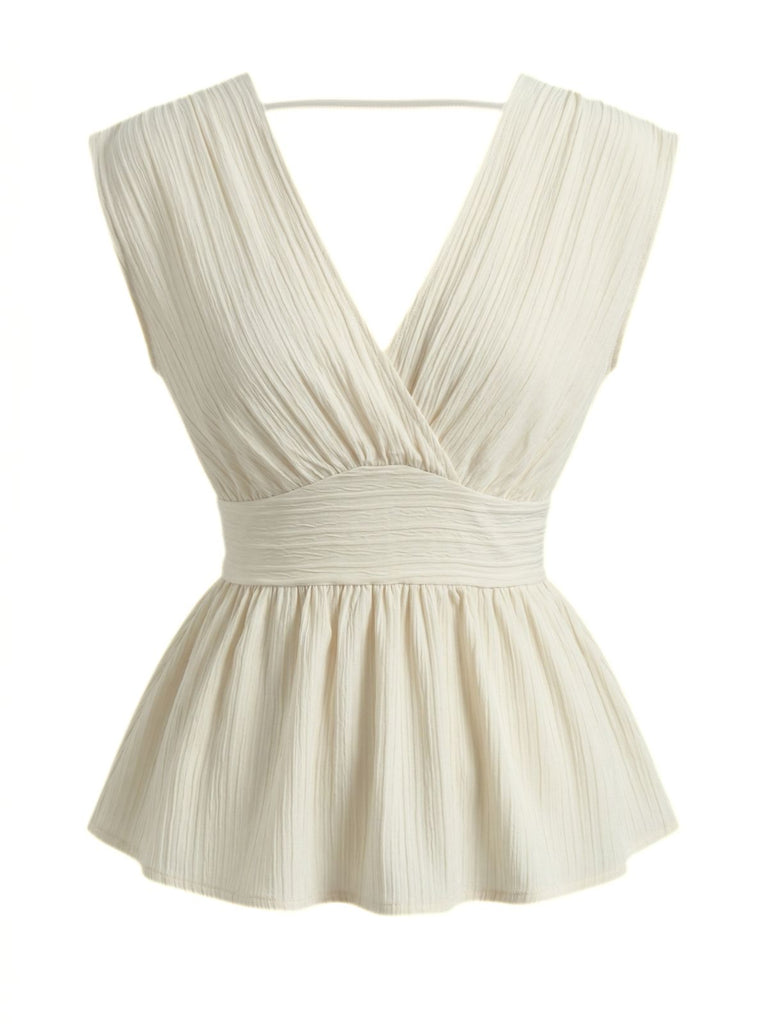 Beige 50er Ärmelloses Bluse mit V-Ausschnitt und Peplum