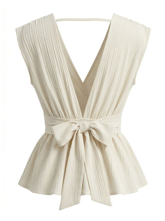 Beige 50er Ärmelloses Bluse mit V-Ausschnitt und Peplum