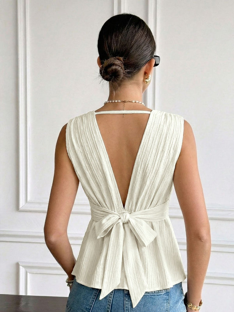 Beige 50er Ärmelloses Bluse mit V-Ausschnitt und Peplum