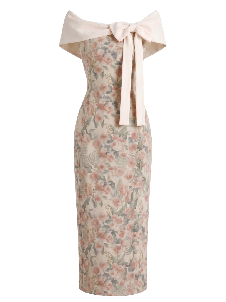 Beige 60er Bodycon-Kleid mit Blumen und Schleife