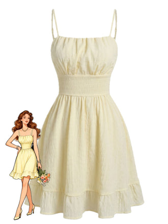 Beige 60er Minikleid mit Spaghettiträger und gerafft