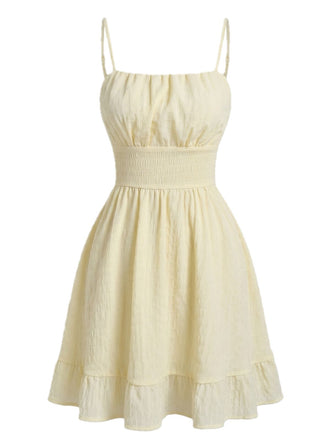Beige 60er Minikleid mit Spaghettiträger und gerafft