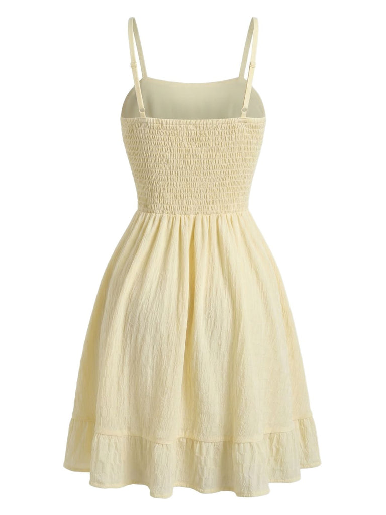 Beige 60er Minikleid mit Spaghettiträger und gerafft