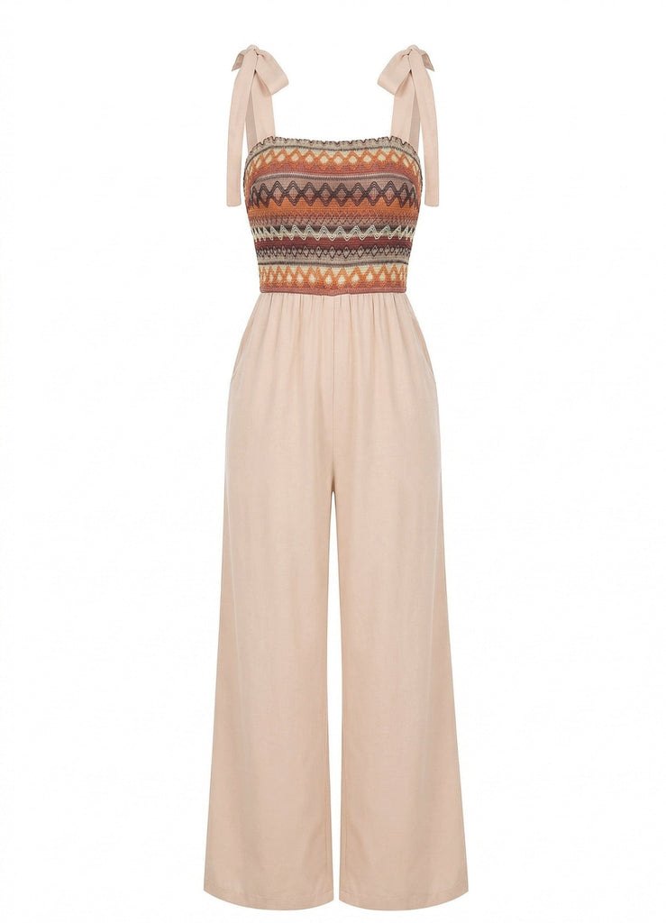 Beige 1970er Boho Binden Spaghetti Gurt Overall