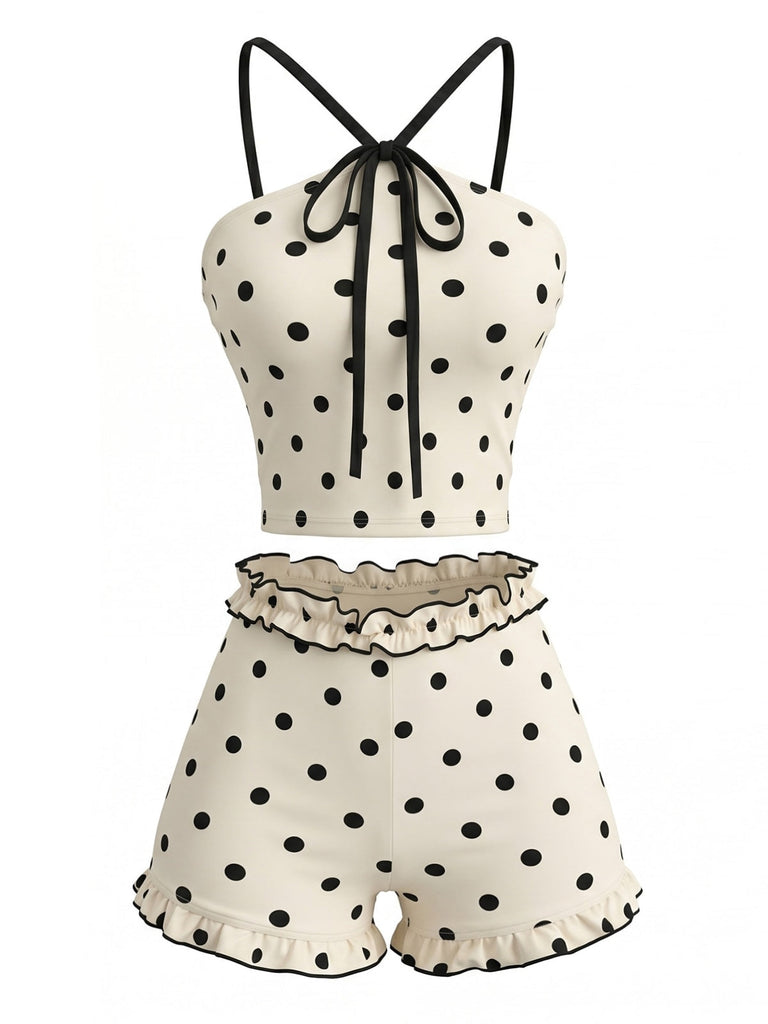 Beige 80er Tankini-Set mit Polka-Dots und Neckholder
