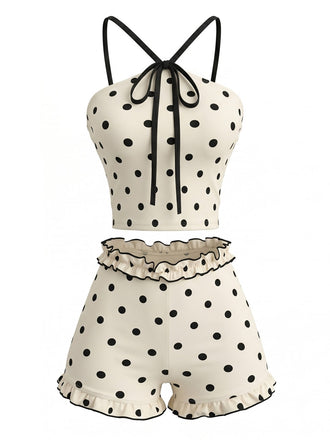 Beige 80er Tankini-Set mit Polka-Dots und Neckholder