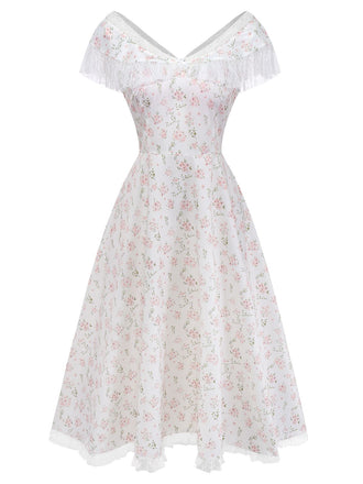 Beige_1940er_Schulterfrei_Blumen_Spitze_Kleid