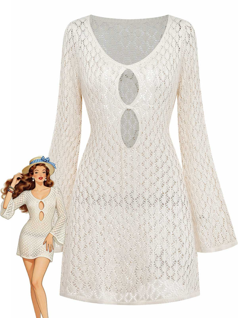Beige 1970er Boho Häkel Durchbrochen Cover-Up-model