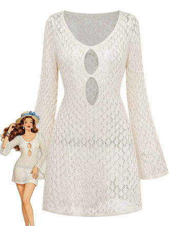 Beige 1970er Boho Häkel Durchbrochen Cover-Up-model