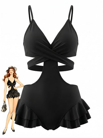 Schwarzer 40er Badeanzug mit Rüschen und Cut-out