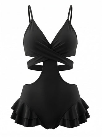 Schwarzer 40er Badeanzug mit Rüschen und Cut-out