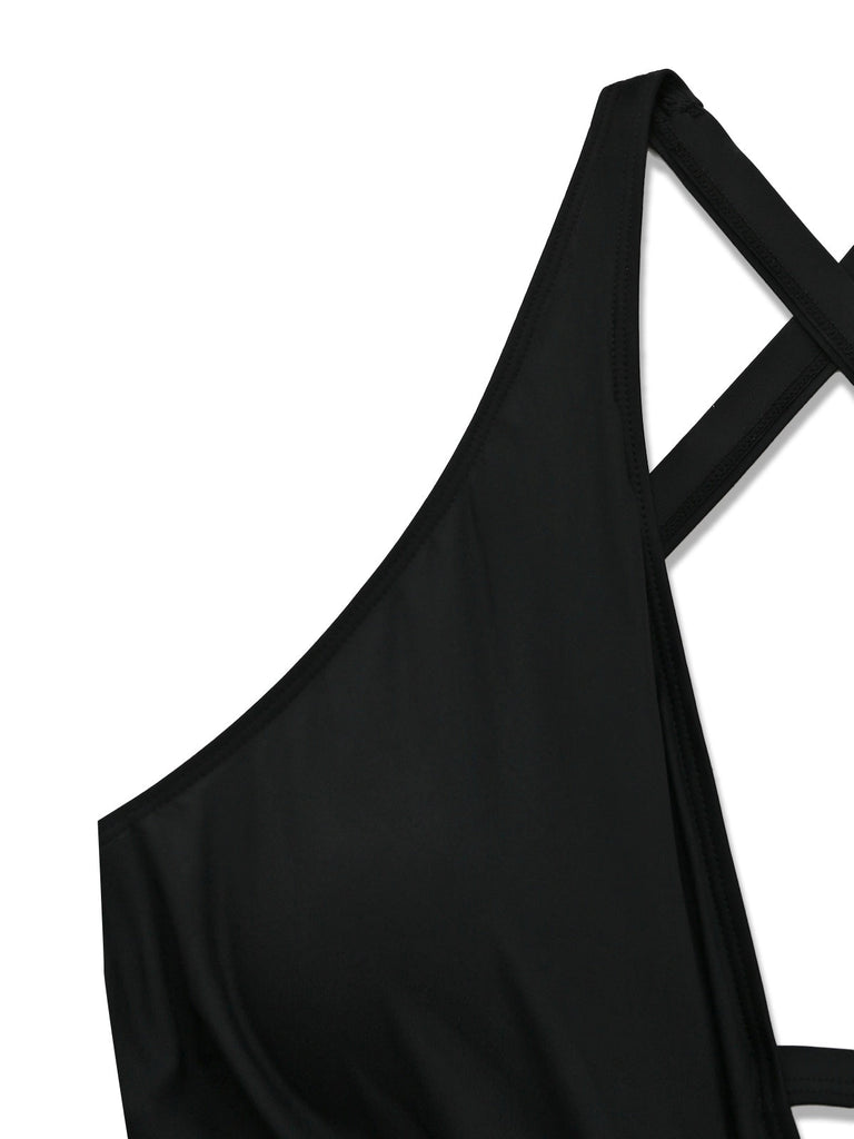Schwarzer Vintage-Tankini mit gekreuzten Cut-out-Details und Schnürung im Stil der 1940er Jahre