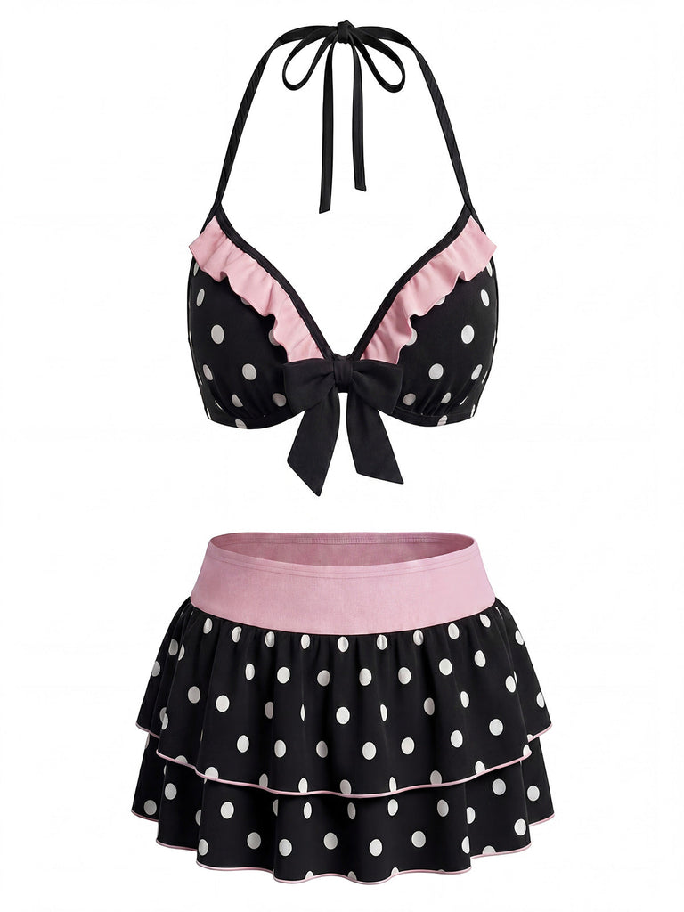 Schwarzes 40er Bikini-Set mit Polka-Dots und Neckholder