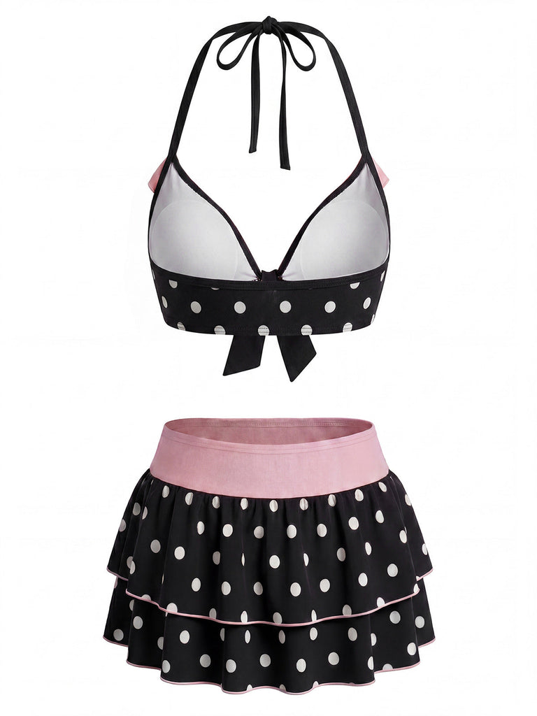 Schwarzes 40er Bikini-Set mit Polka-Dots und Neckholder