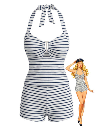 Schwarzes 40er Tankini-Set mit Neckholder und Streifen