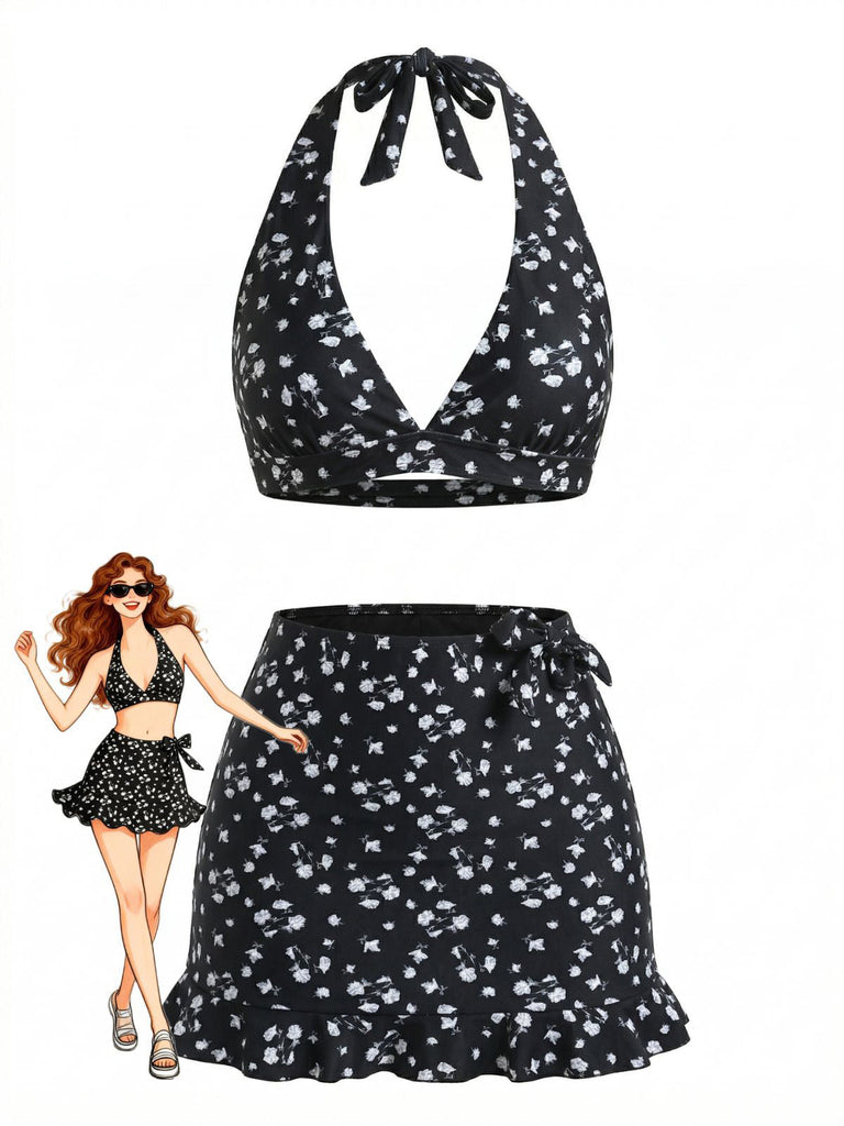 3PCS Schwarz 1960er Halfter Ditsy Blumen Bikini-Set & Abdeckung Up
