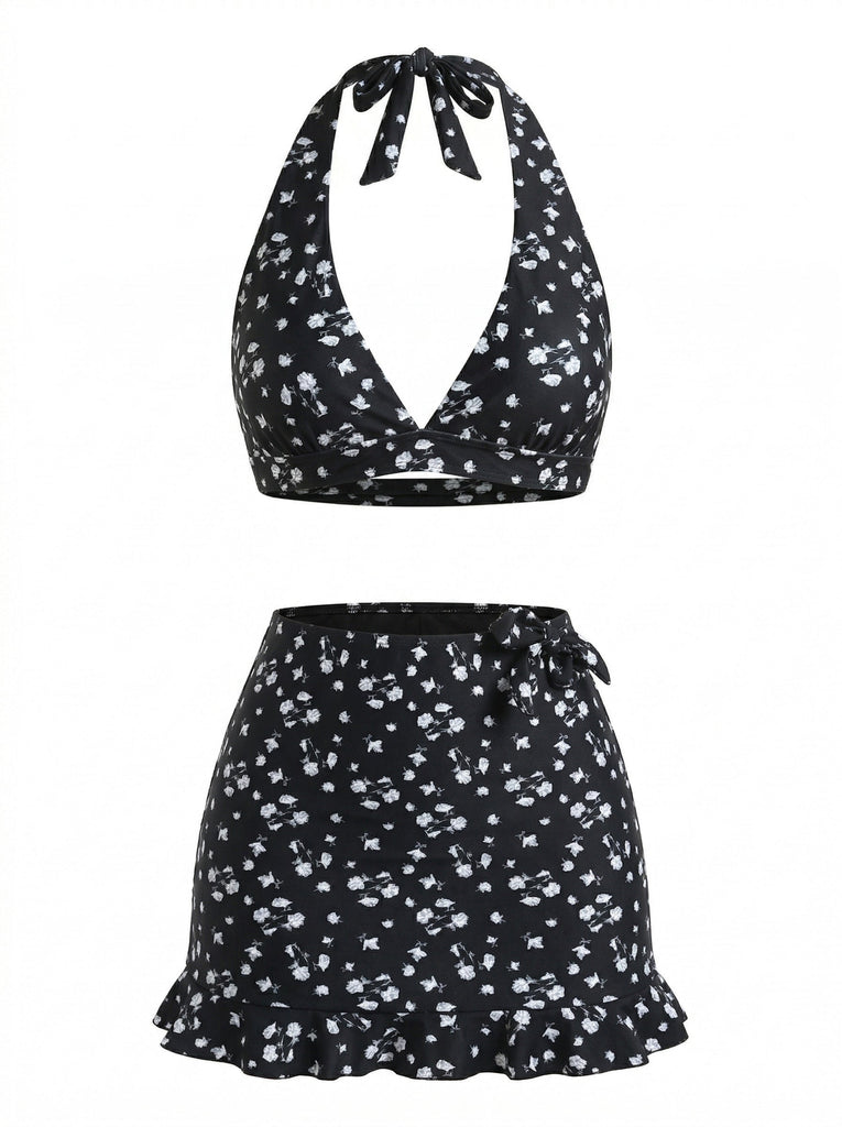 3PCS Schwarz 1960er Halfter Ditsy Blumen Bikini-Set & Abdeckung Up
