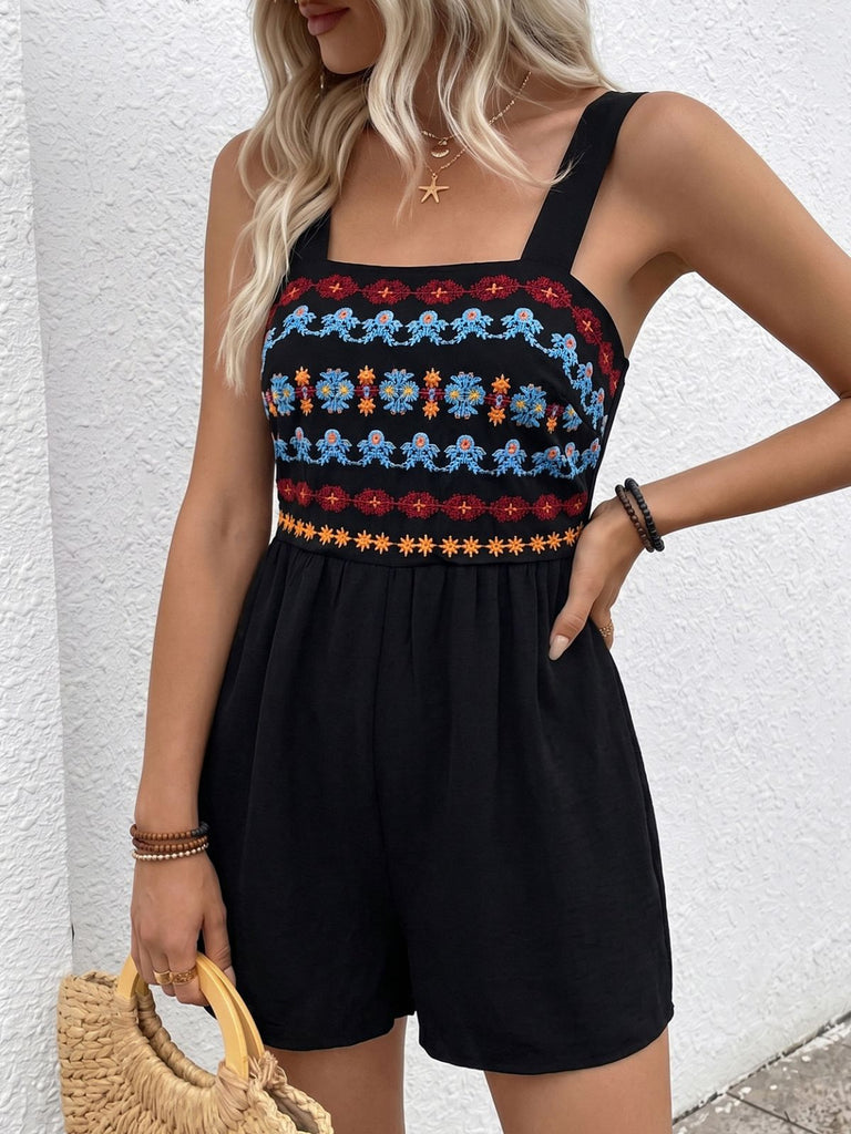 Schwarzer 50er Romper mit Eckiger Ausschnitt und Blumen