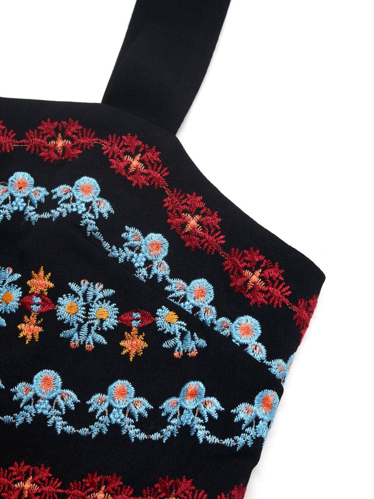Schwarzer 50er Romper mit Eckiger Ausschnitt und Blumen