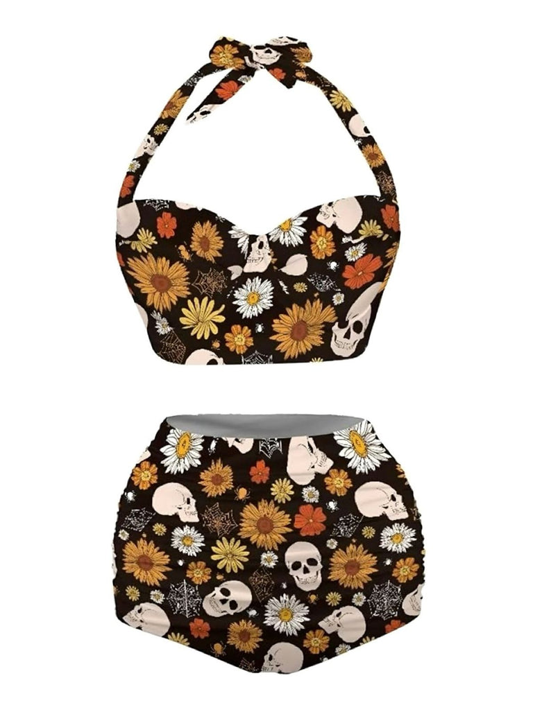 [Übergröße] Schwarz 1950er Blumen Schnürung Halter Bademode
