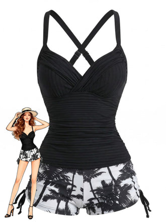 Schwarzes 50er Tankini-Set mit gerafft und Palmen