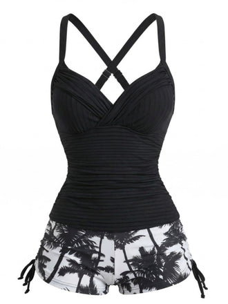 Schwarzes 50er Tankini-Set mit gerafft und Palmen