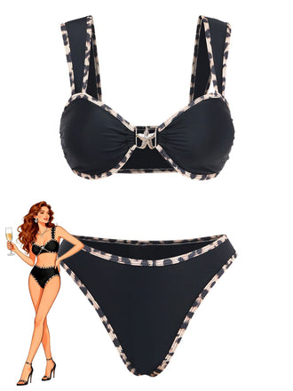 Leoparden-Printes & Schwarzes 50er Bikini-Set mit Besatz und Metall