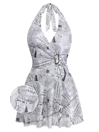 1950er Zeitung Drucken Schnalle Halfter Schwimmen Kleid