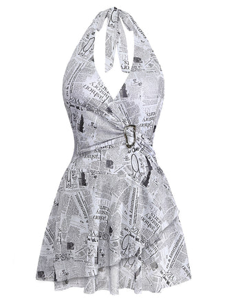1950er Zeitung Drucken Schnalle Halfter Schwimmen Kleid