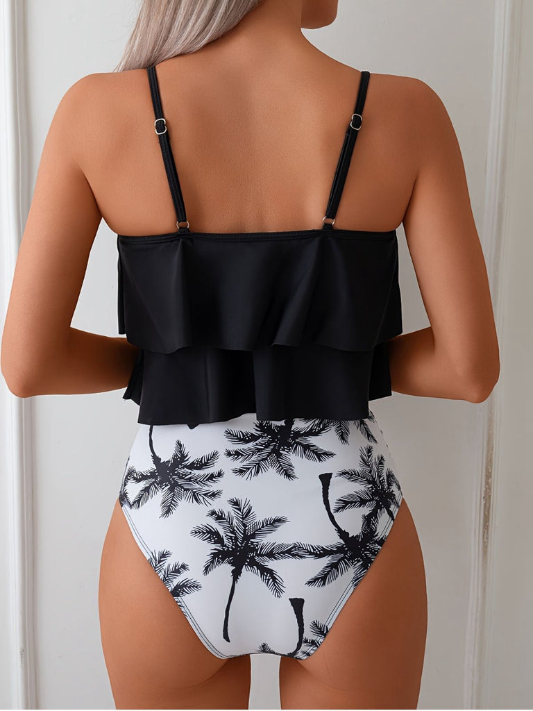 Schwarz 1950er Rüschen Palmen Tankini Set