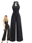 Schwarzer 50er Jumpsuit mit Nadelstreifen und Neckholder